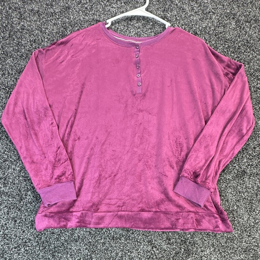 Nautica Women's Purple Velour Henley Top Stretch Long Sleeve Size M ZNT94982
